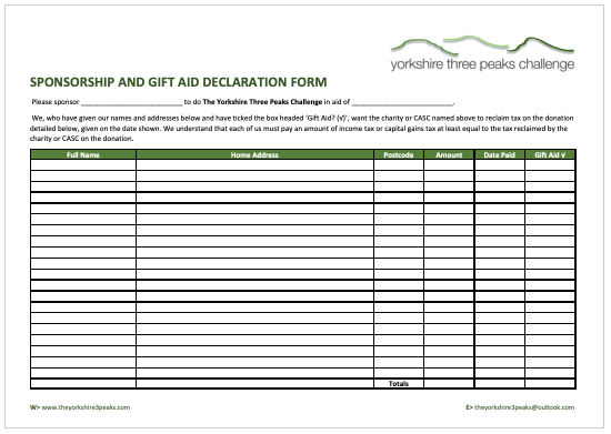 the Yorkshire 3 Peaks Sponsorship Form