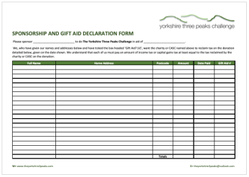 the Yorkshire 3 Peaks Sponsorship Form